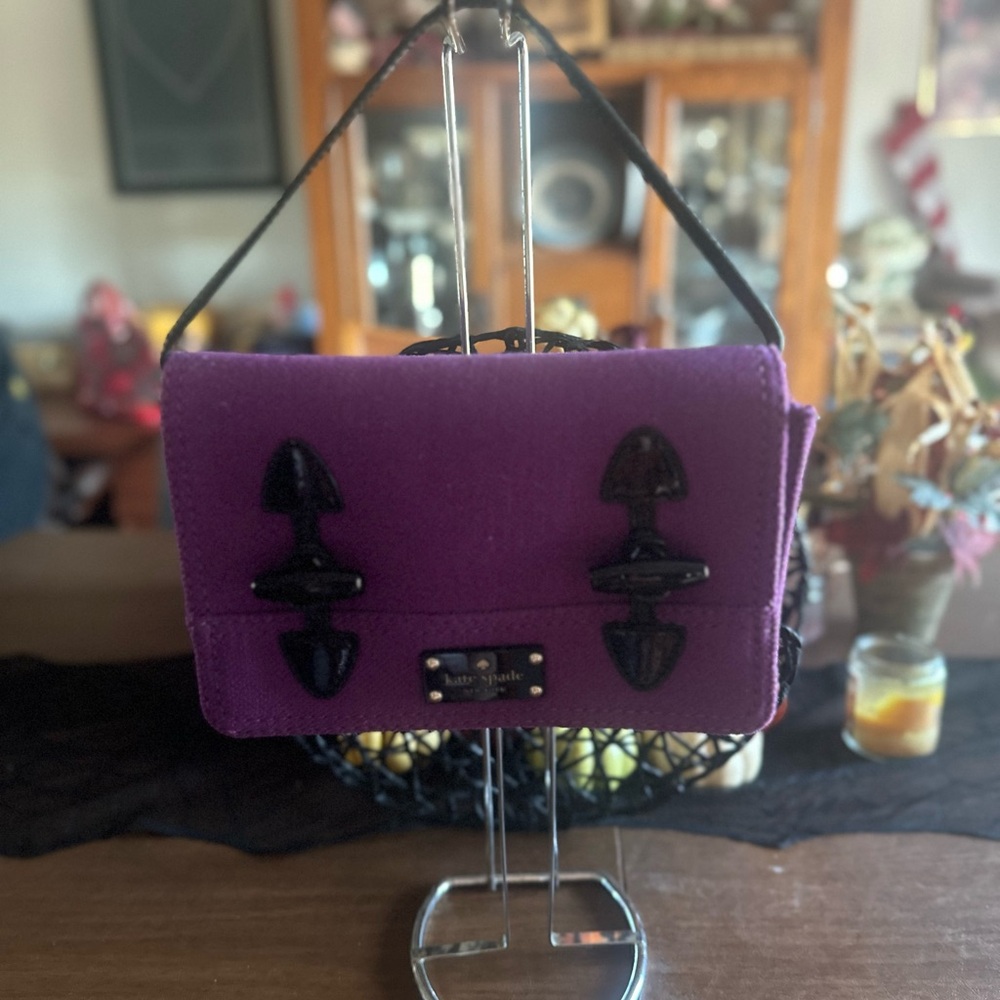 Kate Spade Purple Tweed & Black Patent Leather Toggle Accent Crossbody Rare EUC - Picture 11 of 12